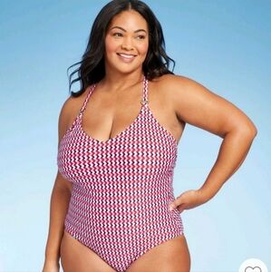 Kona Sol Women's Wide Ribbed Ring One Piece Swimsuit Red White Blue